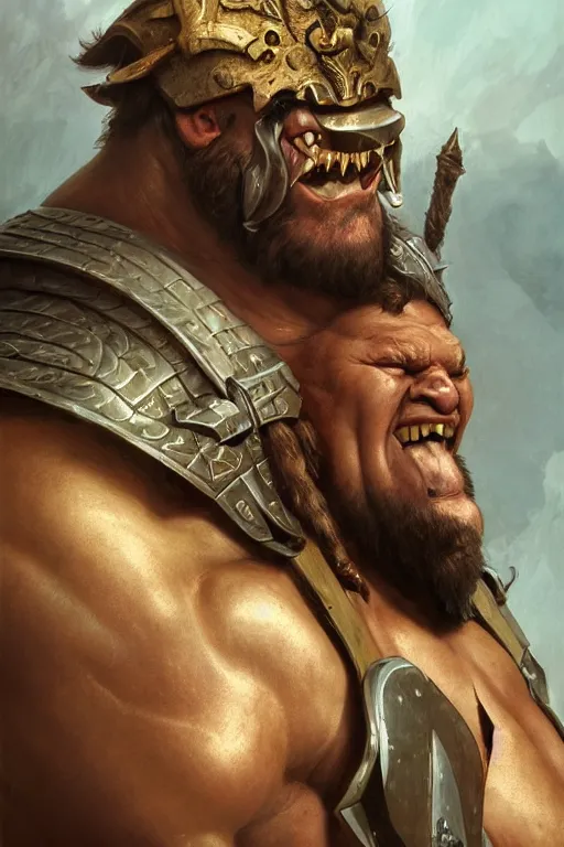 Image similar to upper body portrait of a heavily armoured hulking herculean chiseled john candy as a fantasy barbarian pirate orc ork, sunrays, cinematic lighting, photorealistic, octane render, 8 k, depth of field, 3 d, art by artgerm and greg rutkowski and alphonse mucha and uang guangjian and gil elvgren and sachin ten