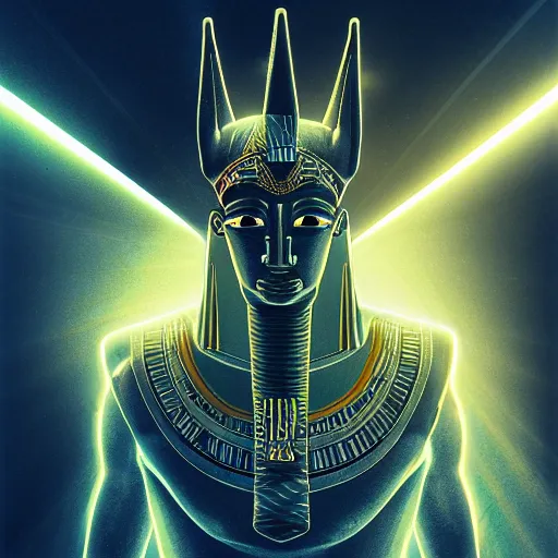 Image similar to egypt god, anubis, light beams, light lines, head, light circles, artstation, highly detailed, perfect lightning, pyramid, amon ra, crystall