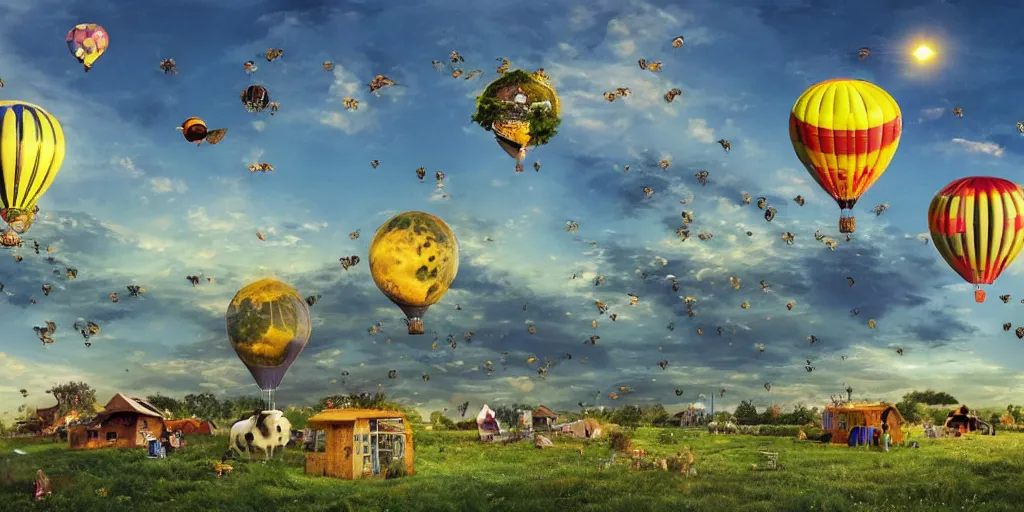 Prompt: ecovillage, hot air balloon, solarpanel, flying cow, flying big bee, solarpunk style