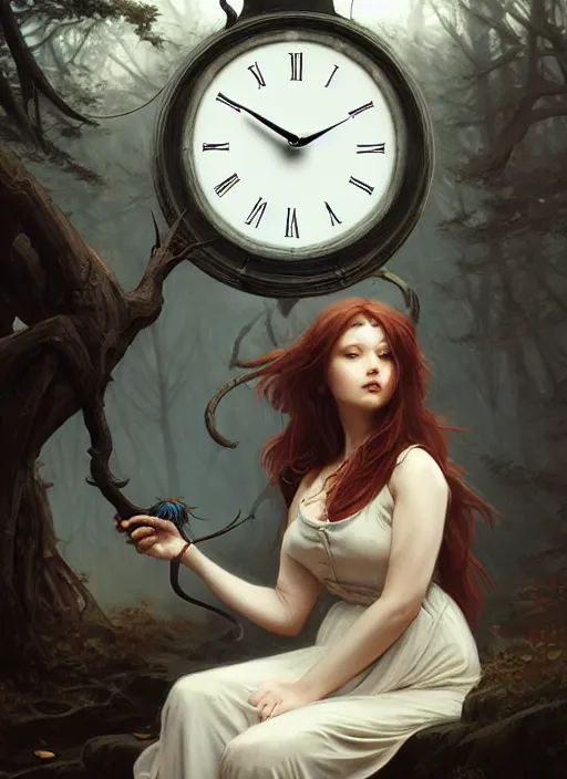 Prompt: a clock and a witch, elegant, sharp focus, illustration, highly detailed, digital painting, concept art, matte, art by wlop and artgerm and ivan shishkin and andrey shishkin, masterpiece