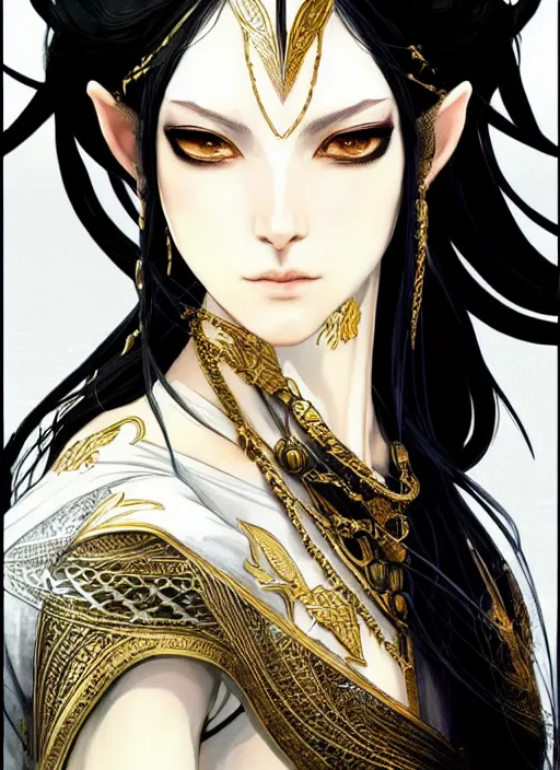 Image similar to Half body portrait of a beautiful elven healer with long straight black hair wearing ornate white and gold attire. In style of Yoji Shinkawa and Hyung-tae Kim, trending on ArtStation, dark fantasy, great composition, concept art, highly detailed, dynamic pose.