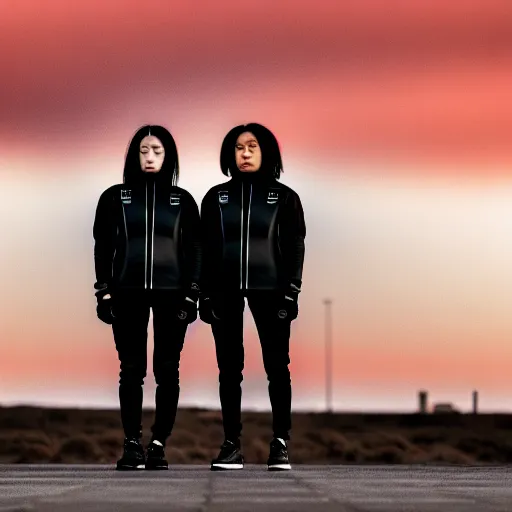 Prompt: photograph of 2 women wearing black techwear in front of a brutalist sharp - edged metal building, on a desolate plain, red eerie sky, sigma 8 5 mm f / 1. 4, 4 k, depth of field, high resolution, highly detailed, 4 k, 8 k, hd, full color