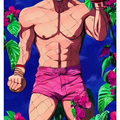 Image similar to handsome boxer, punching, wearing neon boxing shorts, bodybuilder posing, portrait surrounded by hibiscus flowers, jojo cover art, jojo anime style, david production, style of vento aureo cover art, style of stone ocean cover art, style of steel ball run cover art, style of jojolion cover art, ilya kuvshinov style, illustrated by hirohiko araki