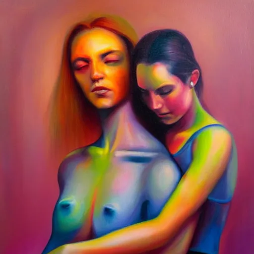 Image similar to stunning oil painting portrait of a young woman hugging an abstract human figure in the style of Meredith Marsone, spring colors