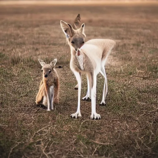 Image similar to a kangaroo and a very cute white rural dog photograph, high quality, award winning, National Geographic