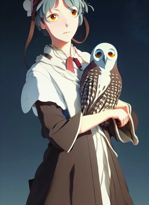 Image similar to florence nightingale with her pet owl in the pocket of her apron, trending on pixiv fanbox, painted by greg rutkowski makoto shinkai takashi takeuchi studio ghibli
