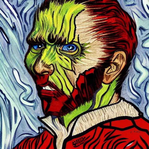 Image similar to full body portrait of Spawn in the style of Vincent Van Gogh, masterpiece digital painting, 4k wallpaper, intricate detail, beautiful, gorgeous, stunning, artstation