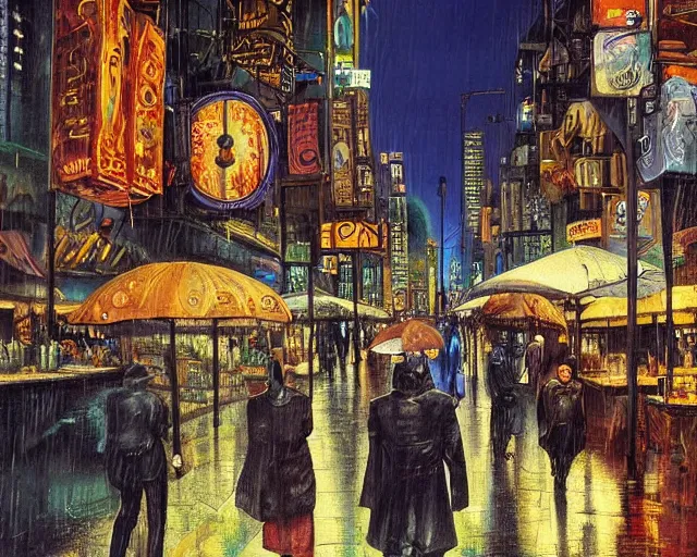 Image similar to street with food stands in a cyberpunk city on a rainy melancholy night by salvadore dali