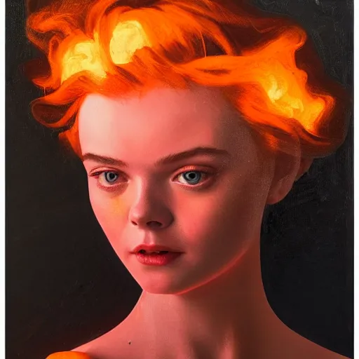 Image similar to Elle Fanning surrounded by orange napalm flames in the style of Paola Vetri, head and shoulders portrait, stormy weather, extremely detailed masterpiece, oil on canvas, low-key neon lighting, artstation, Blade Runner 2049, Roger Deakin’s cinematography, by J. C. Leyendecker and Peter Paul Rubens and Edward Hopper and Michael Sowa,