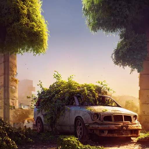 Image similar to a tree growing on a scrap car in ancient greek ruins, gray wasteland, many scrap cars, overgrown, pillars and arches, colorful flowers, vines, hyperrealistic, highly detailed, cinematic, ray of golden sunlight, beautiful, cgsociety, artstation, 8 k, pixar style by tristan eaton, artgerm, tom bagshaw