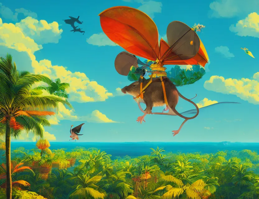 Image similar to adventurer mouse riding a bird above tropical landscape. complementary colors, vaporwave, gouache, indie concept art, bloom, chiaroscuro, backlighting, intricate details.