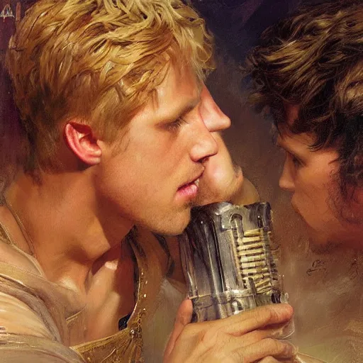 Image similar to attractive male, arthur pendragon who has blond hair confesses his love to attractive male, merlin who has dark hair. highly detailed painting by gaston bussiere, craig mullins, j. c. leyendecker 8 k