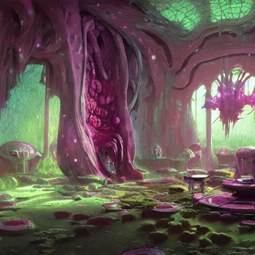 Image similar to concept art painting of a interior of an alien fantasy fungus house, realistic, detailed, cel shaded, magenta, dark, in the style of makoto shinkai and greg rutkowski and james gurney