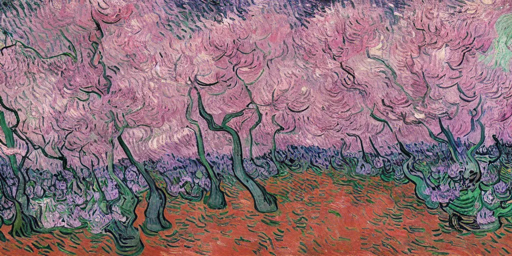 Image similar to in the dark cave, there is bright light at the exit, and outside is a pink peach blossom forest with colorful fallen flowers, by Vincent van Gogh