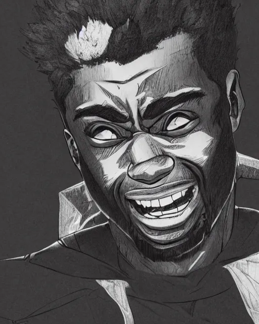 Image similar to a very detailed pencil drawing of kodak black in demon slayer manga panel, action lines, greg rutkowski, in field high resolution, dynamic pose, landscape, medium portrait, action, hyper realistic, manga, koyoharu gotouge, sakuga