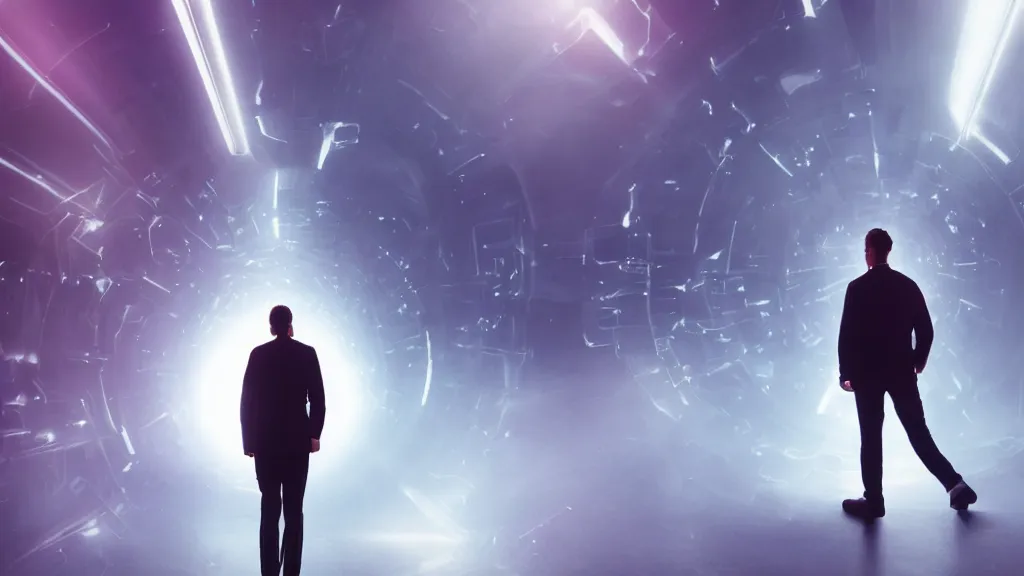 Image similar to movie scene of a man standing in front of a multiverse machine, movie still, cinematic composition, cinematic light, pastel color scheme, by andrzej zuławski