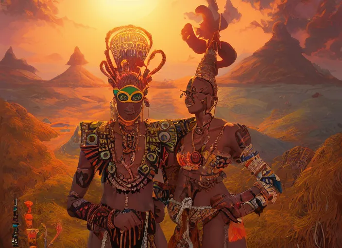 Prompt: highly detailed digital painting of tribal afrikan voodoo kemetic mask, 2 d game fanart behance hd by jesper ejsing, by rhads, makoto shinkai and lois van baarle, ilya kuvshinov, rossdraws, dramatic sunset, global illumination, radiant light, detailed and intricate environment