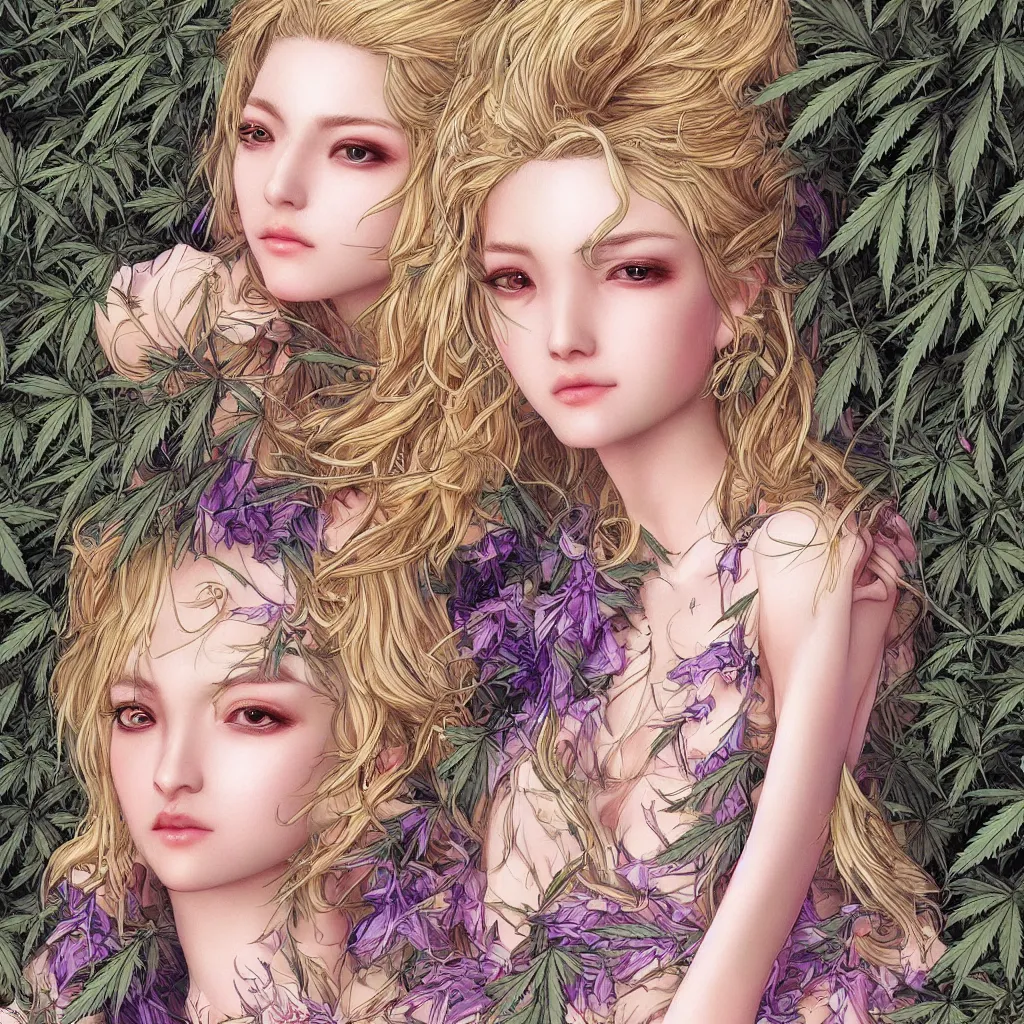 Image similar to ultra-realistic high details digital art of very beautiful blonde girl wering short dress made marijuana by Ayami Kojima