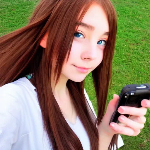 Prompt: Selfie photograph of Cute anime girl, long shiny bronze brown hair, green eyes, cute freckles, soft smile, medium shot, mid-shot, trending on Artstation,