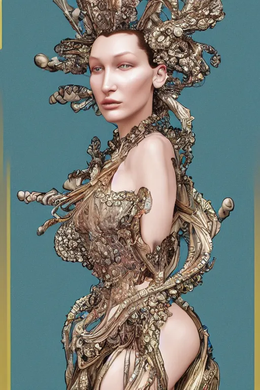 Prompt: a highly detailed painting of a beautiful alien goddess bella hadid in iris van herpen dress schiaparelli in diamonds in style of alphonse mucha art nuvo made in unreal engine 4