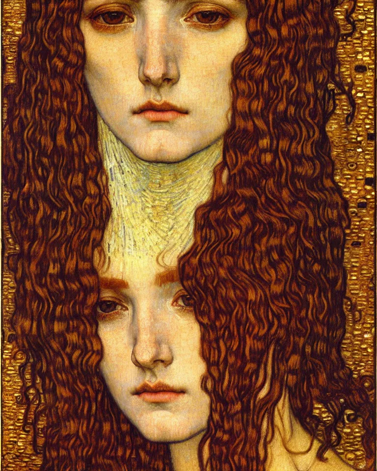 Image similar to detailed realistic beautiful young medieval queen face portrait by jean delville, gustav klimt and vincent van gogh, art nouveau, symbolist, visionary, gothic, pre - raphaelite, muted earthy colors, desaturated