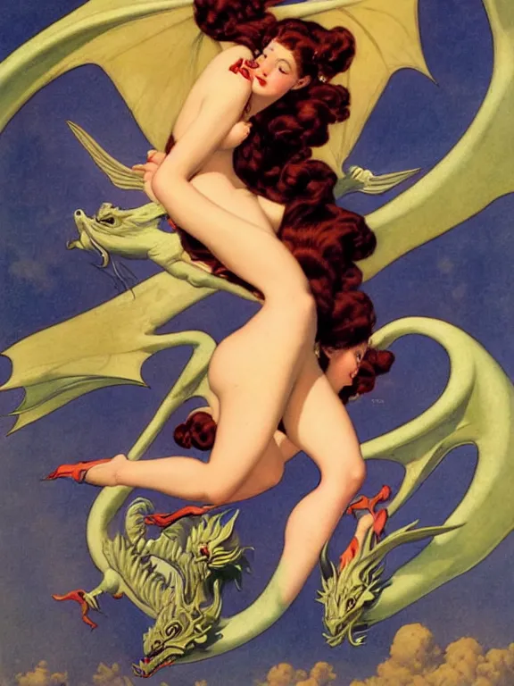 Image similar to Dragon goddess takes flight, a beautiful art nouveau portrait by Gil elvgren and Gerald brom, centered composition, defined features, golden ratio