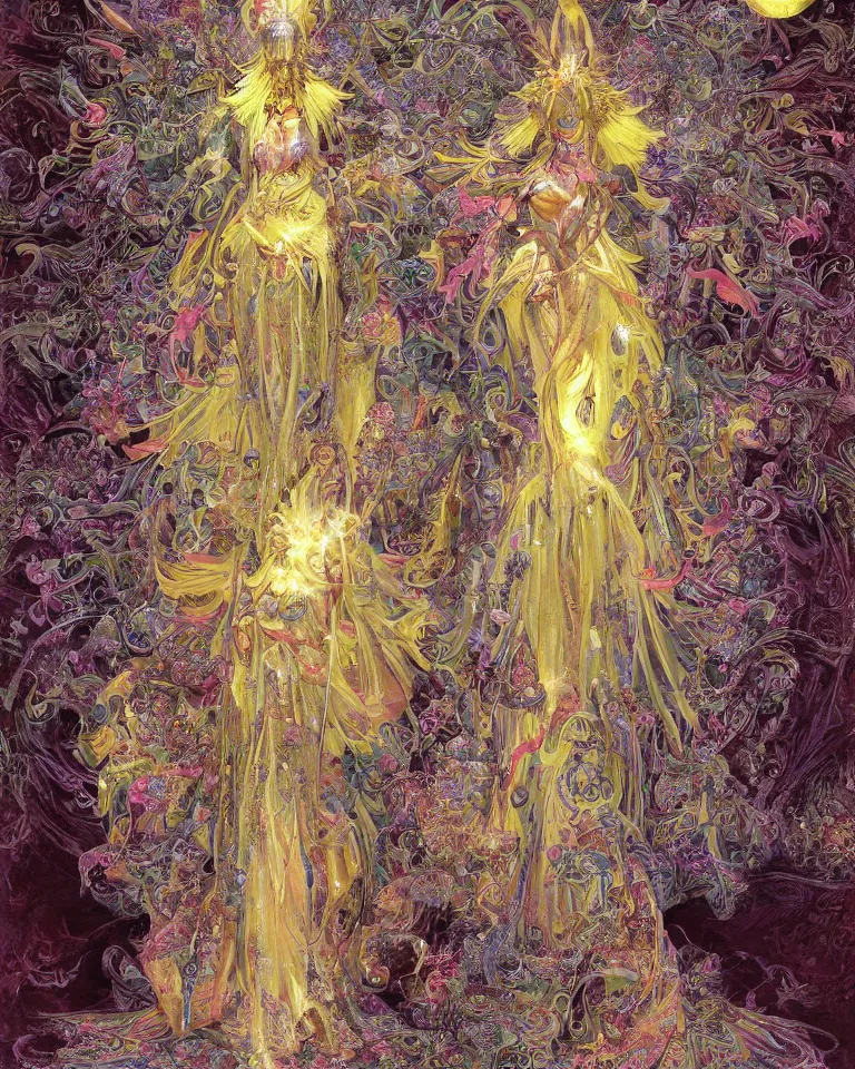 Prompt: chinese sunflower goddess - complex and hyperdetailed divine dress design. reflection and dispersion materials. rays and dispersion of light. volumetric light. f / 3 2. noise film photo. flash photography. ultra realistic, 5 0 mm. poster by wayne barlowe, hajime sorayama aaron horkey, craig mullins