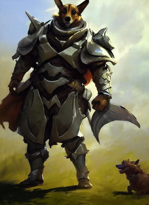 Image similar to Greg Manchess painting of a Corgi Charr from Guild Wars 2 wearing Forerunner Armor from Halo, countryside, calm, fantasy character portrait, dynamic pose, above view, sunny day, artwork by Jeremy Lipkin and Giuseppe Dangelico Pino and Michael Garmash and Rob Rey, very coherent asymmetrical artwork, sharp edges, perfect face, simple form, 100mm