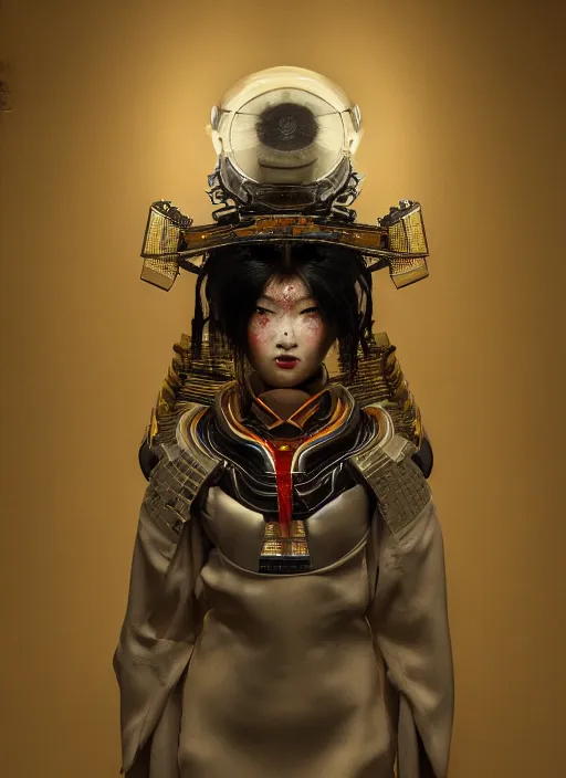 Image similar to portrait of a futuristic samurai geisha cyborg, kintsugi, modern fine art, fractal, intricate, elegant, highly detailed, digital photography, parallax, subsurface scattering, in the style of ghost, by jheronimus bosch and greg rutkowski,