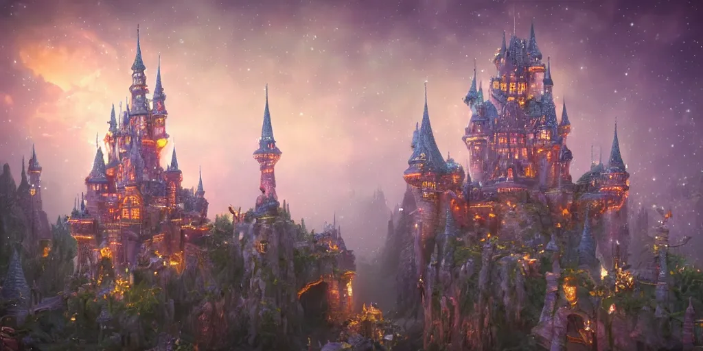 Image similar to a glittering fairy castle at night, extremely detailed oil painting, unreal 5 render, fantasy digital art, octane render, beautiful composition, trending on artstation, award-winning photograph, masterpiece