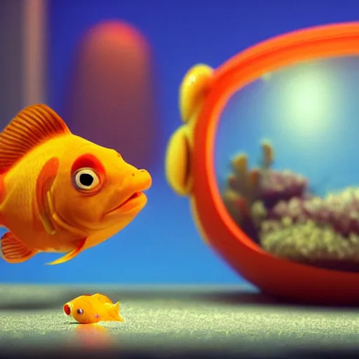 Image similar to a cinematic fill still from a 2021 Pixar movie where an anthropomorphic goldfish lives in a giant fishbowl mansion, in the style of Pixar, shallow depth of focus