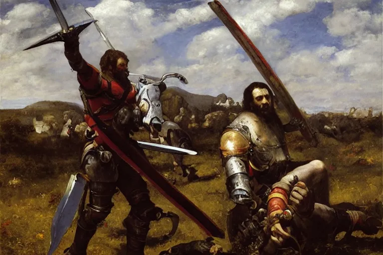 Image similar to landscape, realistic painting image about a templar knight has a mechanical arm, carrying a fire sword, versus a zombie mutant. dramatic scene, realism, created by gustave courbet and michaelangelo, trending in artstation, fine art, smooth draw with oil painting.