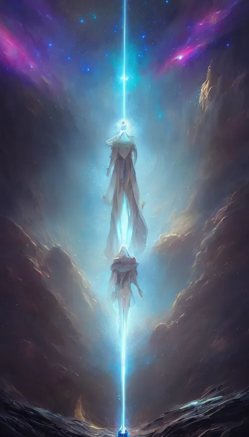 Image similar to god with a cape, epic scene, colors, holy, full body, galaxy, and, stars, atmosphere, unreal engine, pixar, video game, ethereal, insanely, detailed, volumetric, symmetrical, concept art, peter mohrbacher, charlie bowater, unreal engine, artstation, cinematic, video game, digital painting, artist maena