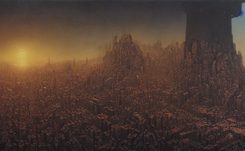Image similar to A detailed painting of a devastated city whatched by a big skull madr in thr style of Beksinski