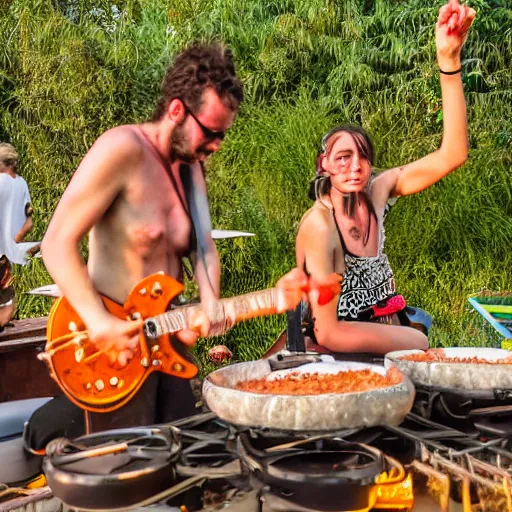 Prompt: scandy and arender, cooking it up, hot hot hot, splash, ahhhhhhh, roomies, bohemian digitals, playing a live gig at ozora festival, no faces visible, huge crowd, ecstatic, photography