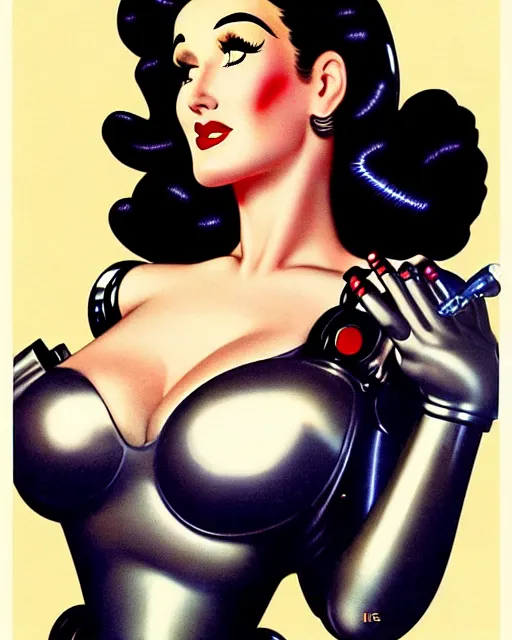 Image similar to closeup beautiful retro space dita von teese posing with a chrome robot in dieselpunk city at night, pinup, windblown dark hair, seductive, hyper detailed, digital art, smooth, sharp focus, luis royo, gil elvgren, alberto vargas, 1 9 5 0, when mars attacks