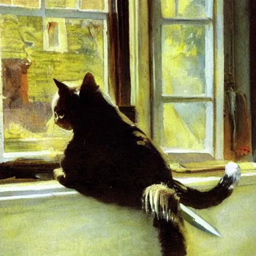 Prompt: a cat with knife in the window the sun shining, by anders zorn, oil painting