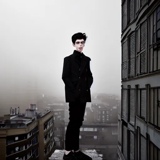 Prompt: un ultra high definition studio quality photograph portrait of a pale young man with black hair standing on the rooftop of an apartment building in cardiff wearing eclectic clothes looking away from the camera. wide angle. morning. art directed. clear. fog. three point light. extremely detailed. golden hour, golden ratio, ray tracing, volumetric light, shallow depth of field.
