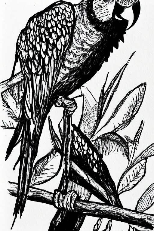 Prompt: parrot ink drawing