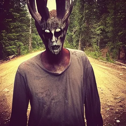 Prompt: “real life Wendigo on the side of eerie backroads”