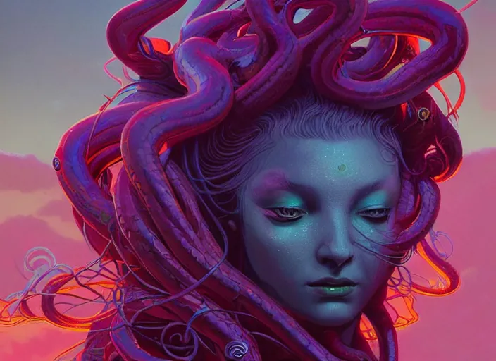 Prompt: A psychedelic enhanced medusa geryon (variant) , vibrant color scheme, highly detailed, in the style of romanticism, cinematic, artstation, Moebius, Greg rutkowski