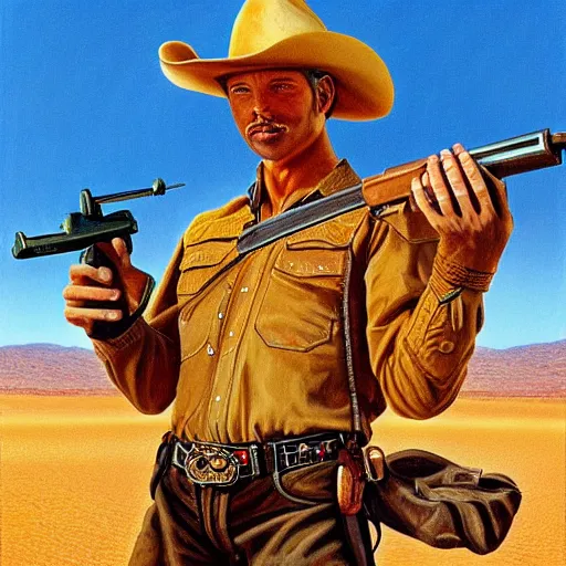 Image similar to Painting of a cowboy with a gun in the middle of the desert High Quality detailed by Barclay Shaw