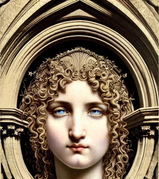 Image similar to hyperrealistic detailed face portrait of a beautiful long haired young goddess morphing into a gothic cathedral, authentic ornamental architecture, art by ernst haeckel, john william godward, h. r. giger, gothic, neo - gothic, heavily ornamental,