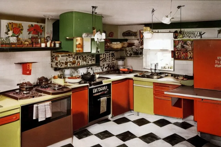 Image similar to a dimly lit retro 1970s kitchen with vintage decor