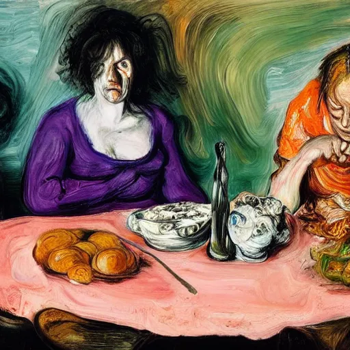 Prompt: high quality high detail expressionist painting of a woman eating in agony by lucian freud and jenny saville and francis bacon and francisco goya and edvard munch, hd, anxiety, seated at table crying and screaming, turquoise and purple and orange and pink