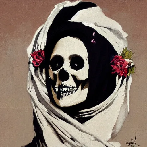 Prompt: painting of the virgin mary skull face by greg rutkowski and warhol and banksy and jc leyendecker