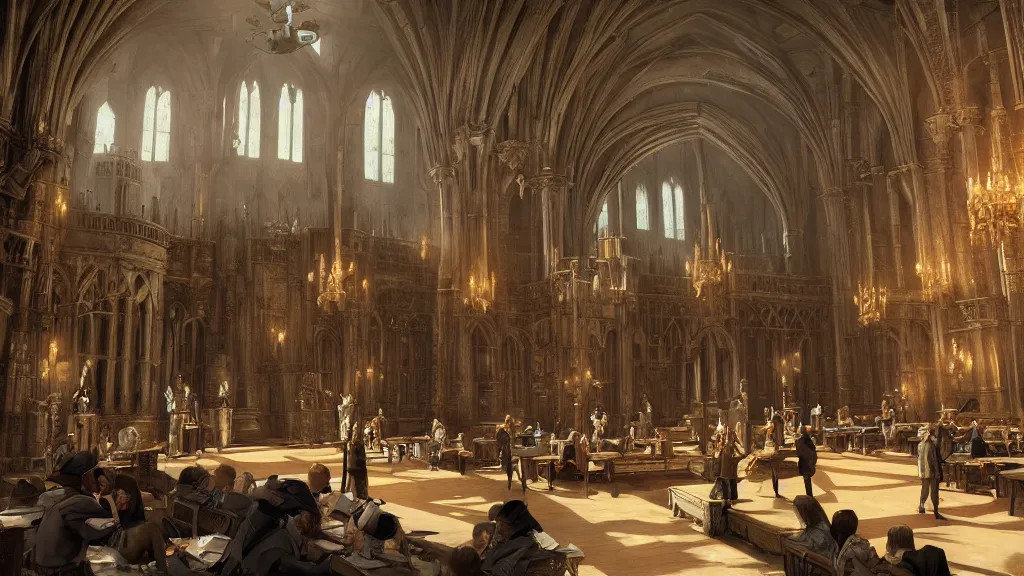 Prompt: hogwarts cinematic great hall art, detailed epic illustration, darek zabrocki, unreal engine,