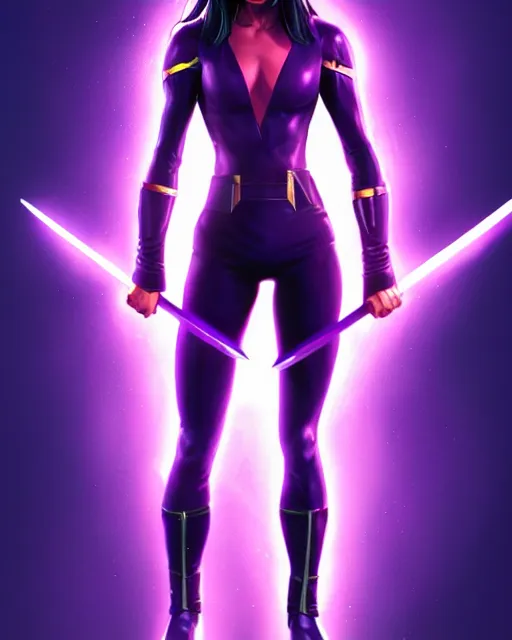 Image similar to Psylocke Chloe Bennet long hair, holding purple Halo energy sword, realistic character concept, action pose, comic book, illustration, slender symmetrical face and body, artstation, cinematic lighting, hyperdetailed, artgerm, 8k, Rafeal Albuquerque comic book art, single face, insanely detailed and intricate, beautiful