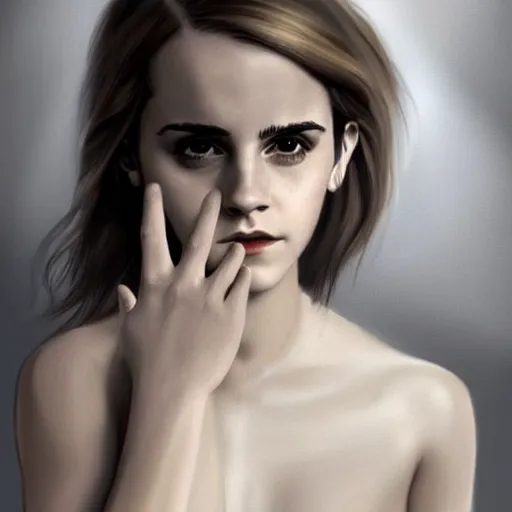 Prompt: Emma Watson showing her ring on correct female finger in ice_hockey_glove, realistic, digital painting, portrait, elegant, cinematic lighting, mysterious, highly detailed, artstation, concept art, illustration, smooth, sharp focus, editor's pickup, trending on artstation, trending on deviantart, alphonse mucha, WLOP