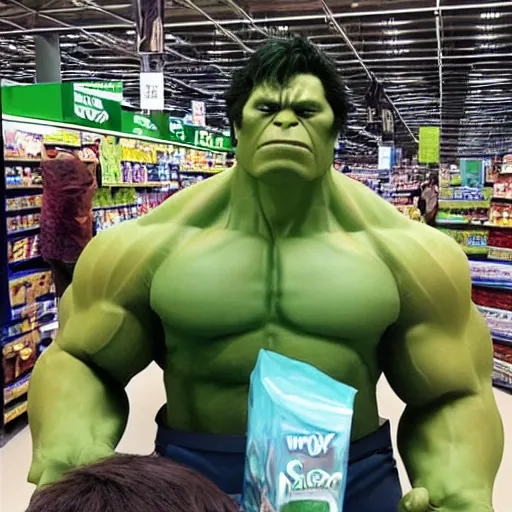 Prompt: the incredible hulk shoping at walmart